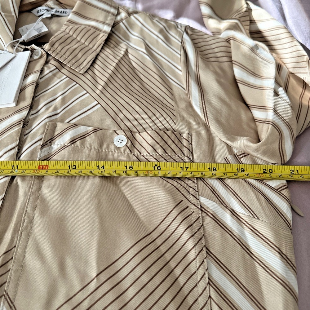 Veronica Beard Size 12 Pryce Striped Mini Shirtdress Silk Blend Stone Khaki Mult - Picture 14 of 15
